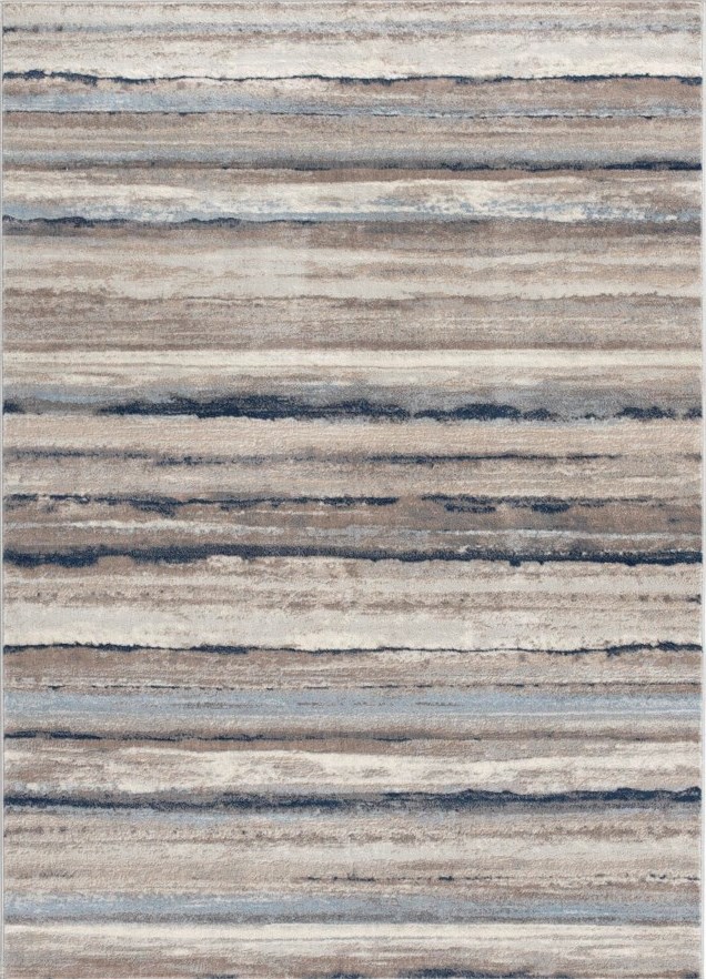 Picture of an area rug with abstract wavy lines of beiges, blues, browns, and charcoal that looks like sand